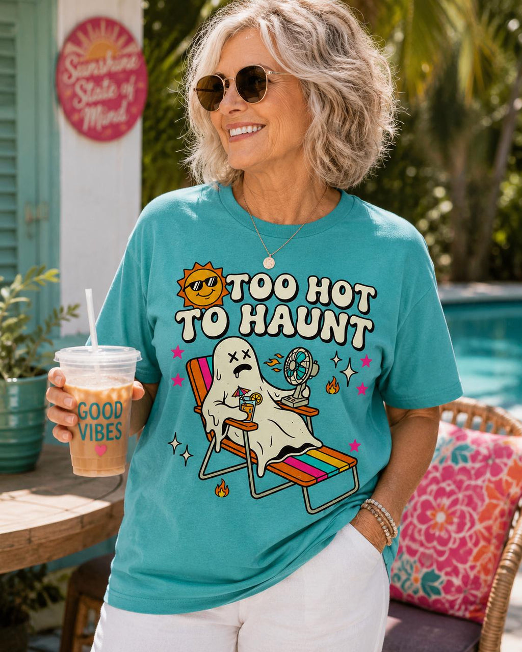Retro Ghost Summer PNG – Too Hot to Haunt | Funny Halloween Beach Shirt Design | Digital Download