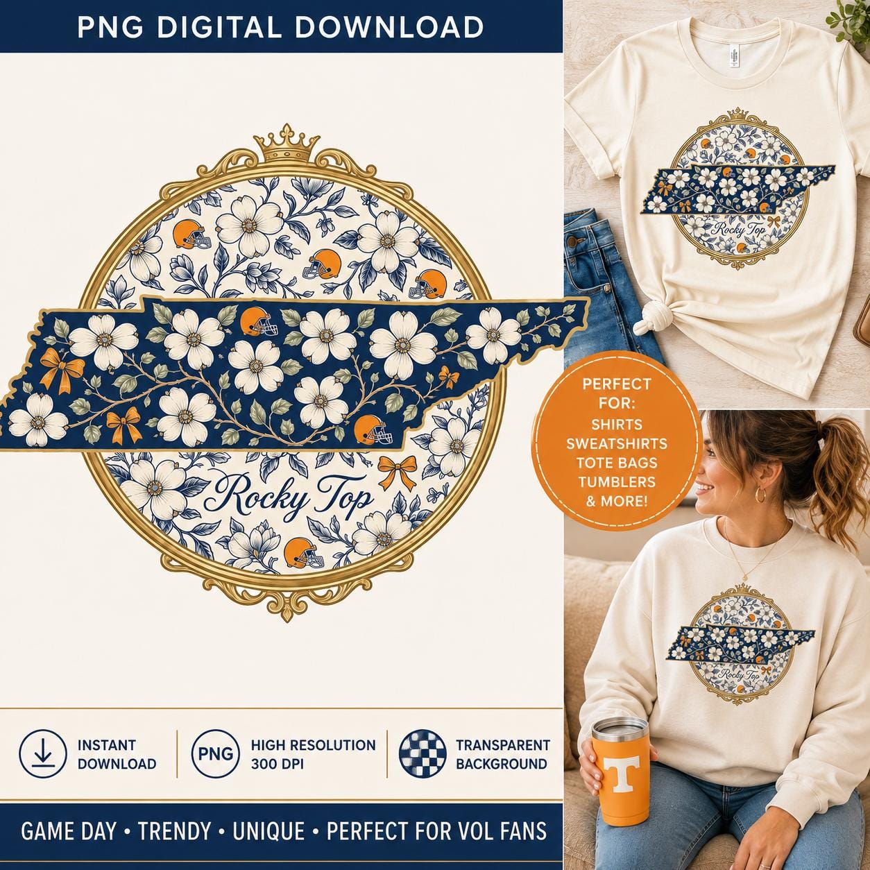 Rocky Top Tennessee Floral PNG, Game Day Sublimation Design (Digital Download)