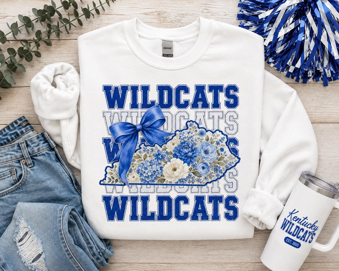 Wildcats Floral Kentucky State PNG, Blue Bow Game Day Sublimation (Digital Download)