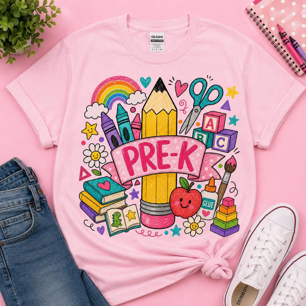 Pre-K Teacher PNG, Colorful School Supplies, Back to School Design (Digital Download)