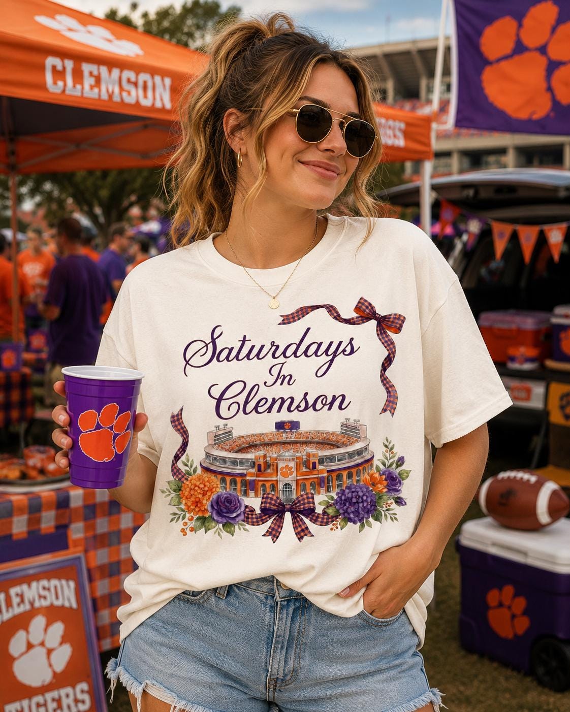 Clemson Stadium Watercolor Art PNG, Game Day Floral Design (Digital Download)
