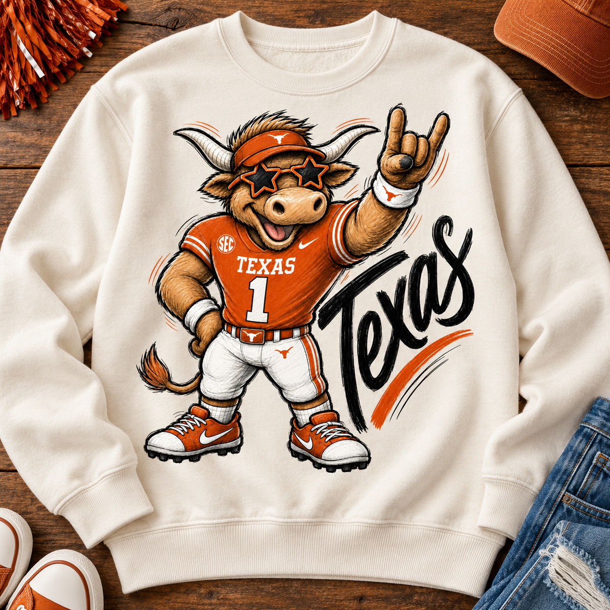 Texas Longhorns Mascot PNG | Hook Em Football Bull Sublimation Design