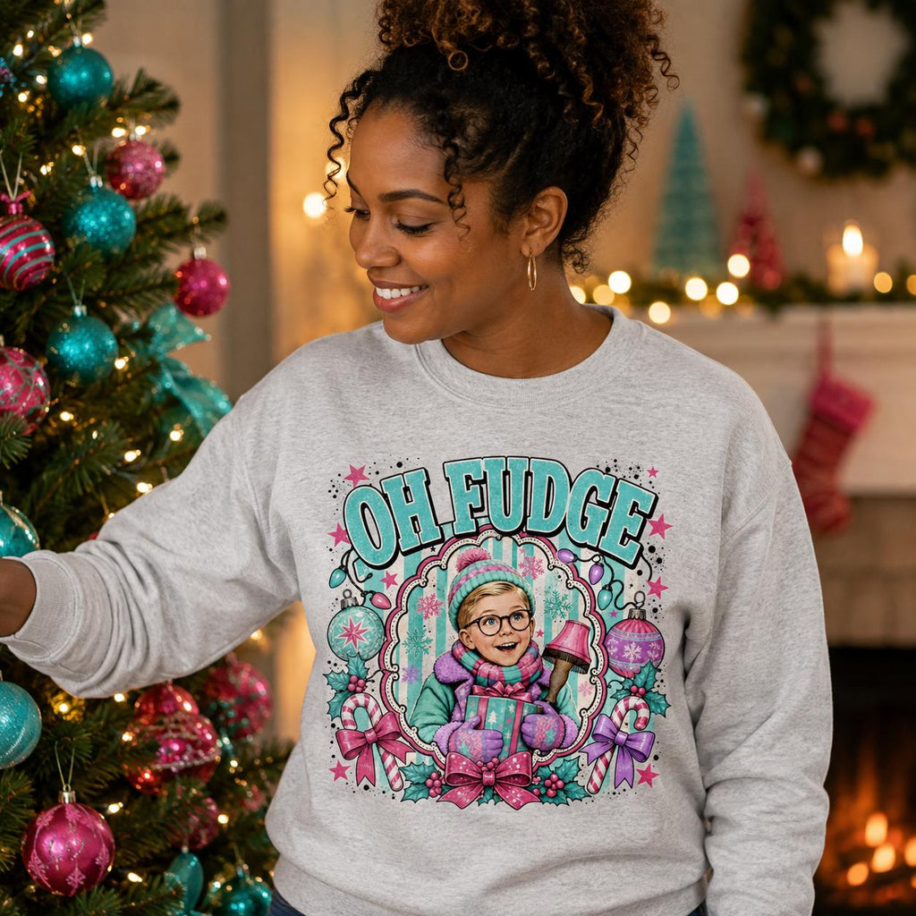 Oh Fudge Christmas PNG, Funny Retro Holiday Movie Shirt Design, Pink Teal Leg Lamp Sublimation Download