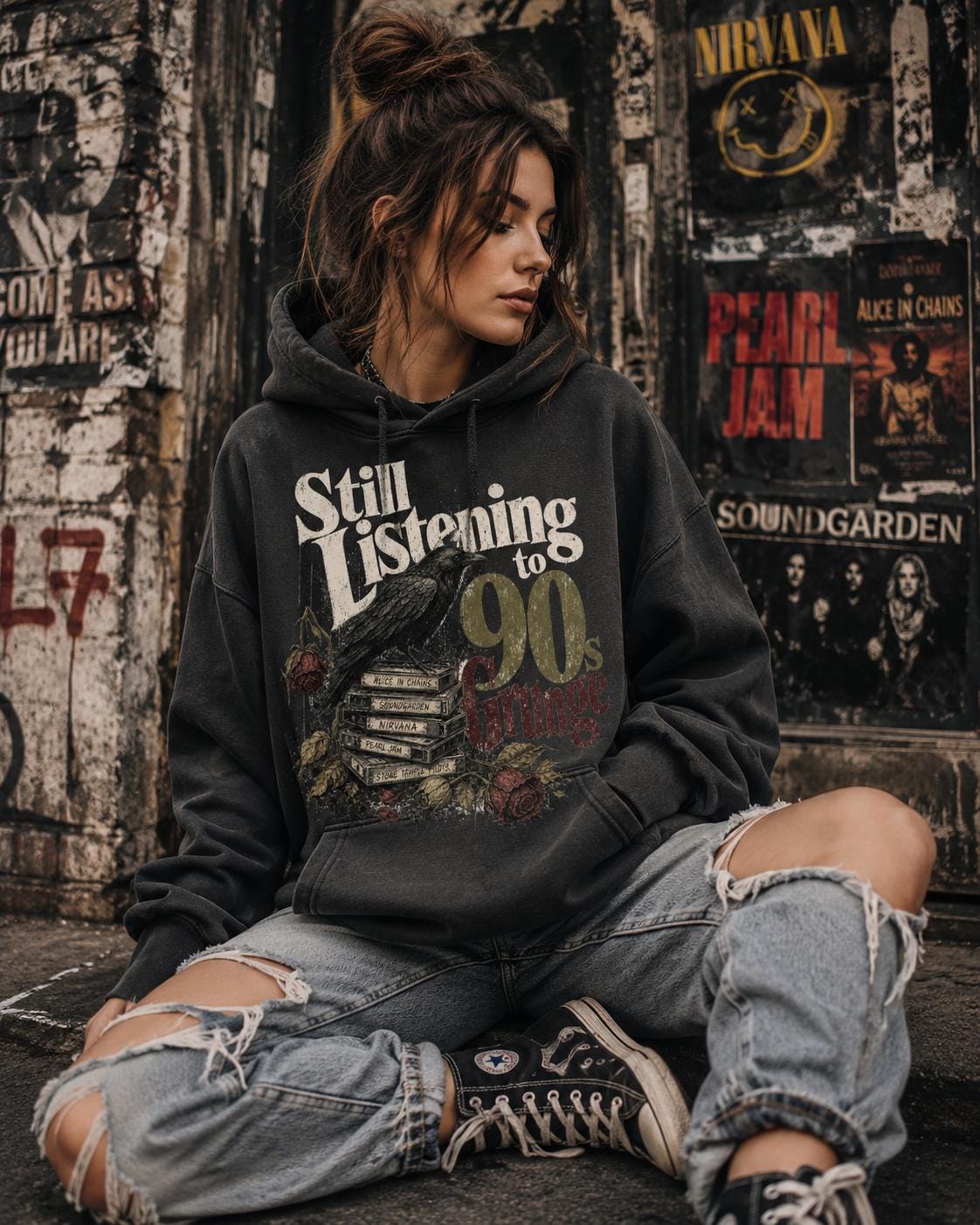 90s Grunge Graphic Tee, Alternative Rock Raven Art (Digital Download)