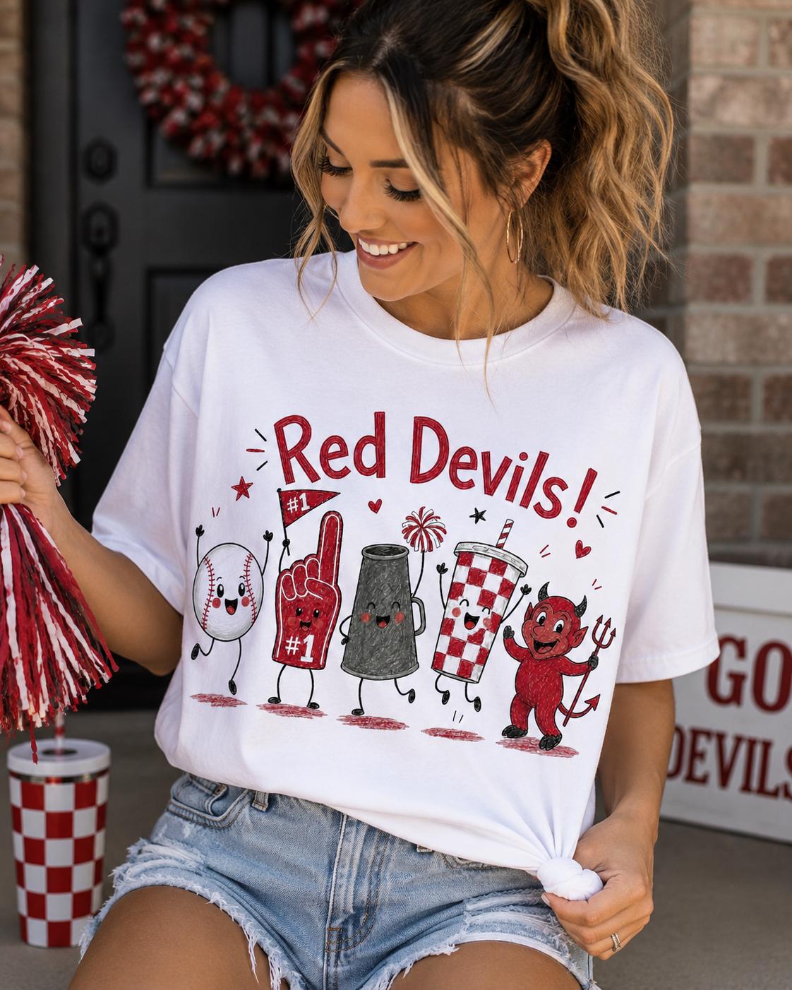 Red Devils Mascot Graphic Tee, School Spirit Football Shirt