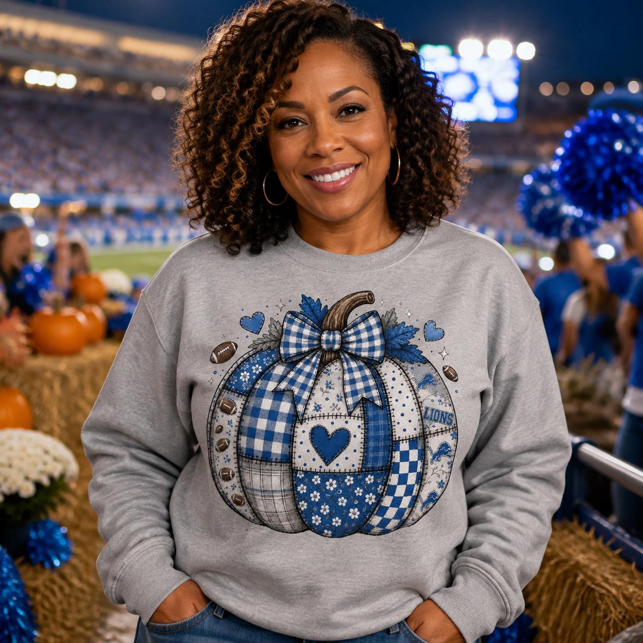 Lions Football Pumpkin PNG, Blue Fall Game Day Design, Football Mom Sublimation, Patchwork Pumpkin Digital Download