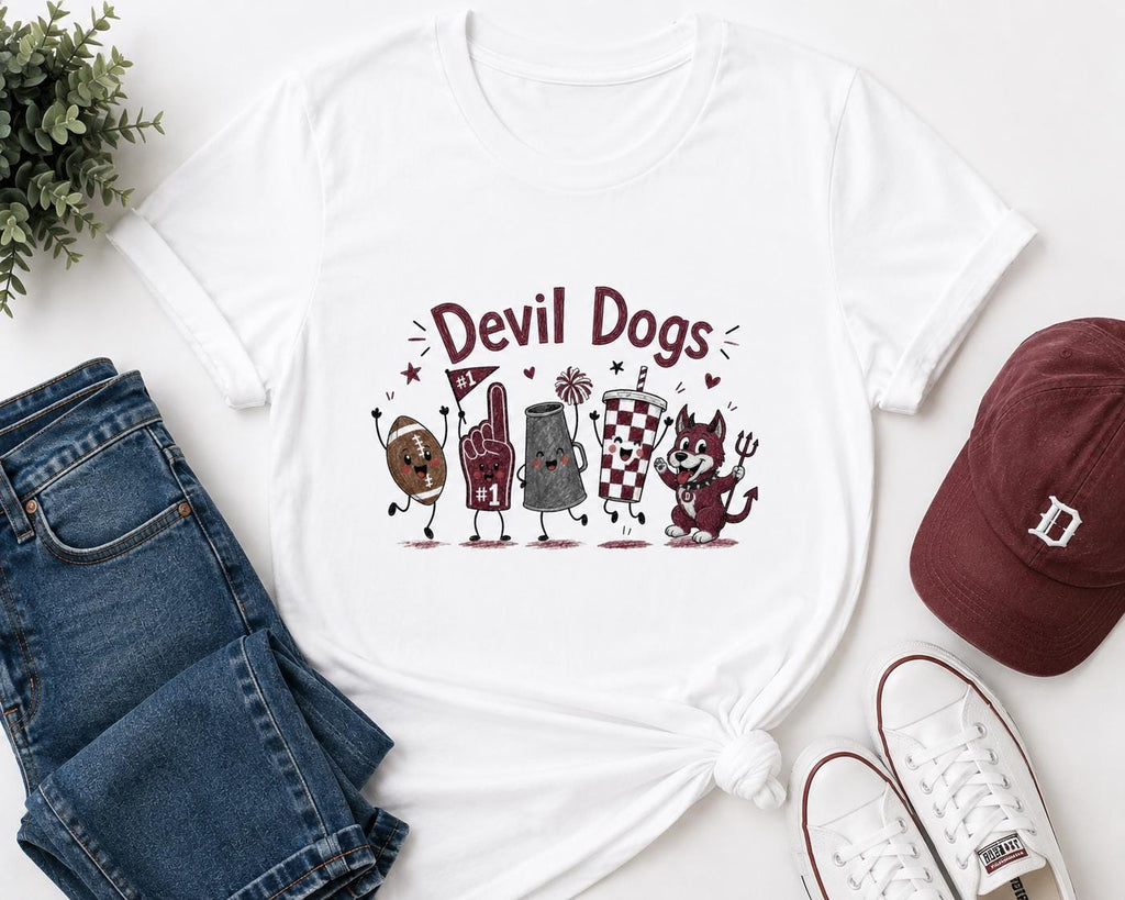 Devil Dogs Mascot Football Shirt, Maroon Game Day School Spirit Tee
