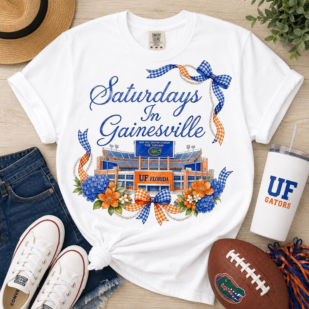 Saturdays in Gainesville Football PNG, Gators Game Day Design, Gingham Bow (Digital Download)