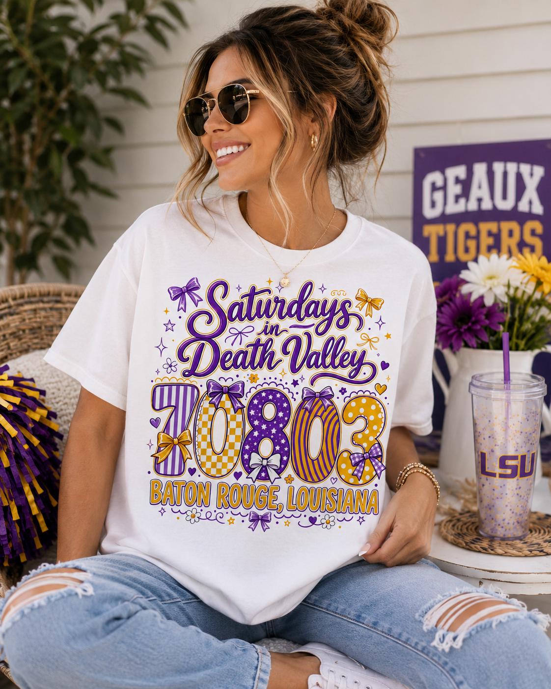 Saturdays in Death Valley PNG, LSU Football Shirt Design, Baton Rouge Louisiana 70803 PNG, Coquette Game Day, Tiger Football Sublimation
