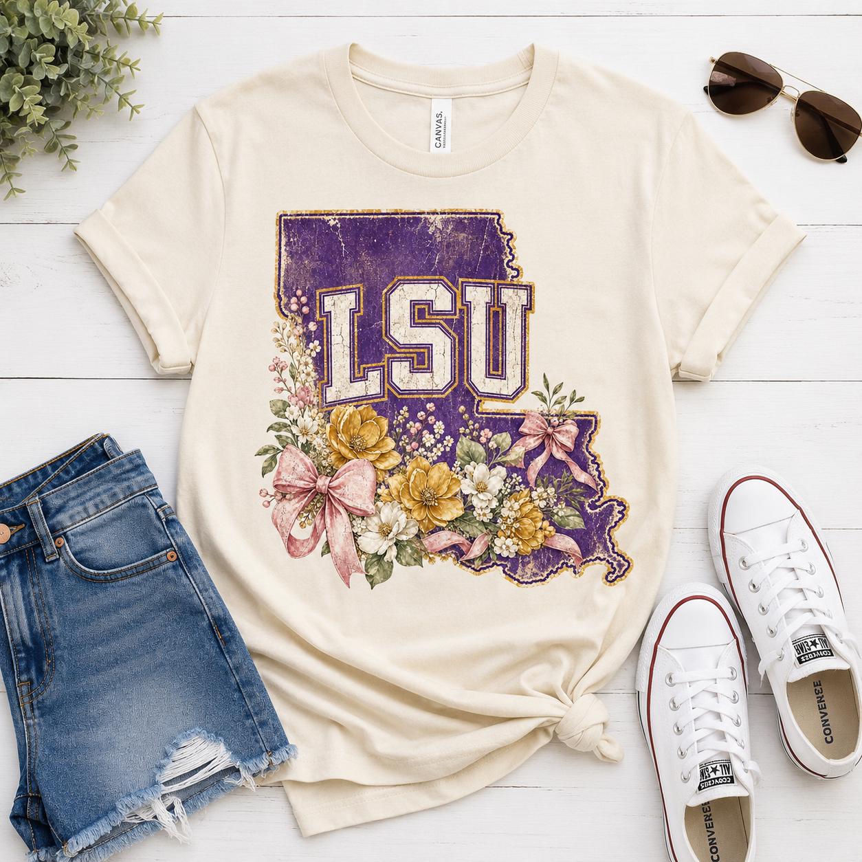 LSU Tigers Floral Design, Distressed Purple Louisiana, Game Day Apparel (Digital Download)