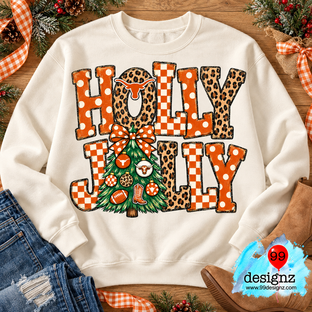 Holly Jolly Longhorn Christmas PNG | Orange Leopard Tree Design