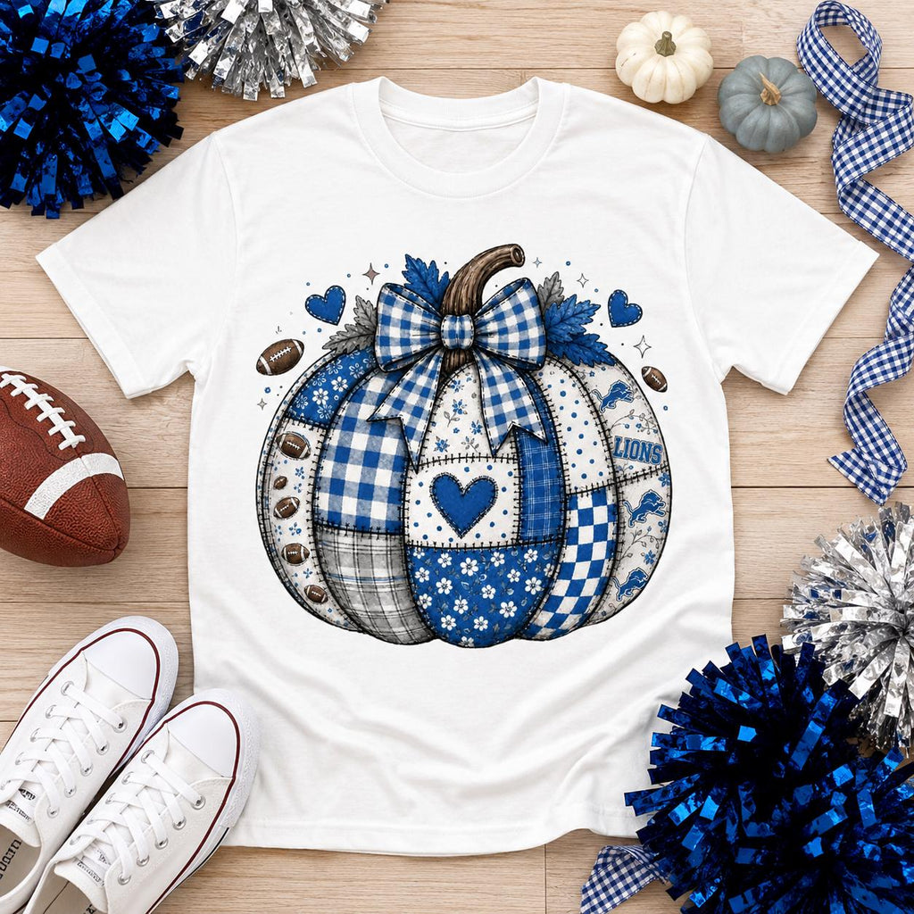 Lions Football Pumpkin PNG, Blue Fall Game Day Design, Football Mom Sublimation, Patchwork Pumpkin Digital Download