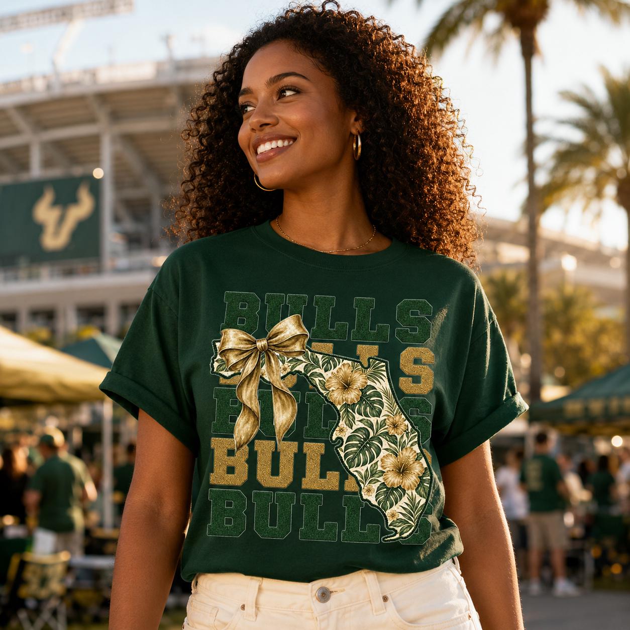 Florida Bulls PNG, USF Game Day Design, Green Gold Football Shirt Sublimation, Tropical Coquette Bow Digital Download