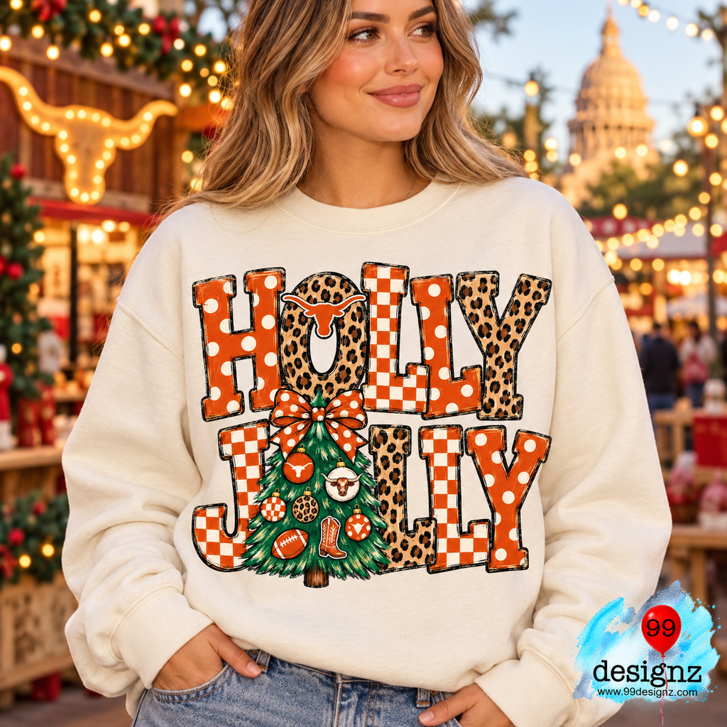 Holly Jolly Longhorn Christmas PNG | Orange Leopard Tree Design