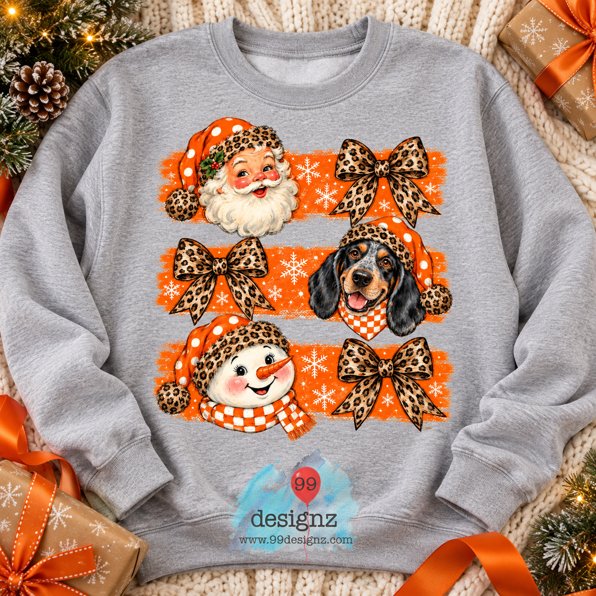 Orange Leopard Christmas PNG | Santa, Dog & Snowman Bow Design