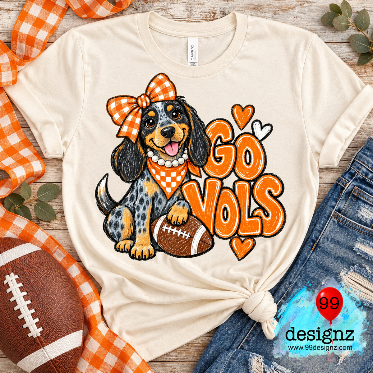 Go Vols PNG | Hound Dog Orange Gingham Bow Game Day Design