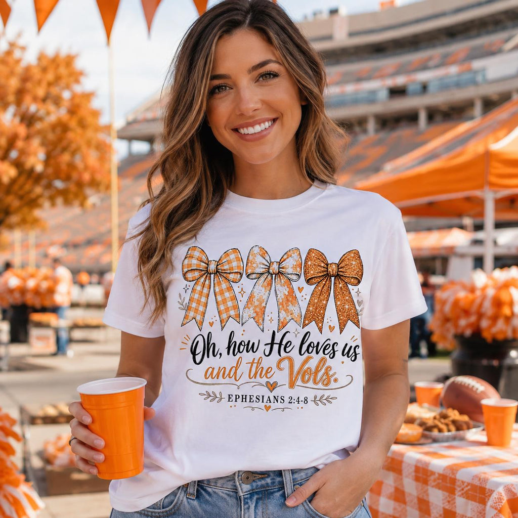 Christian Tennessee Football PNG, Oh How He Loves Us and the Vols, Orange Bow Game Day Design