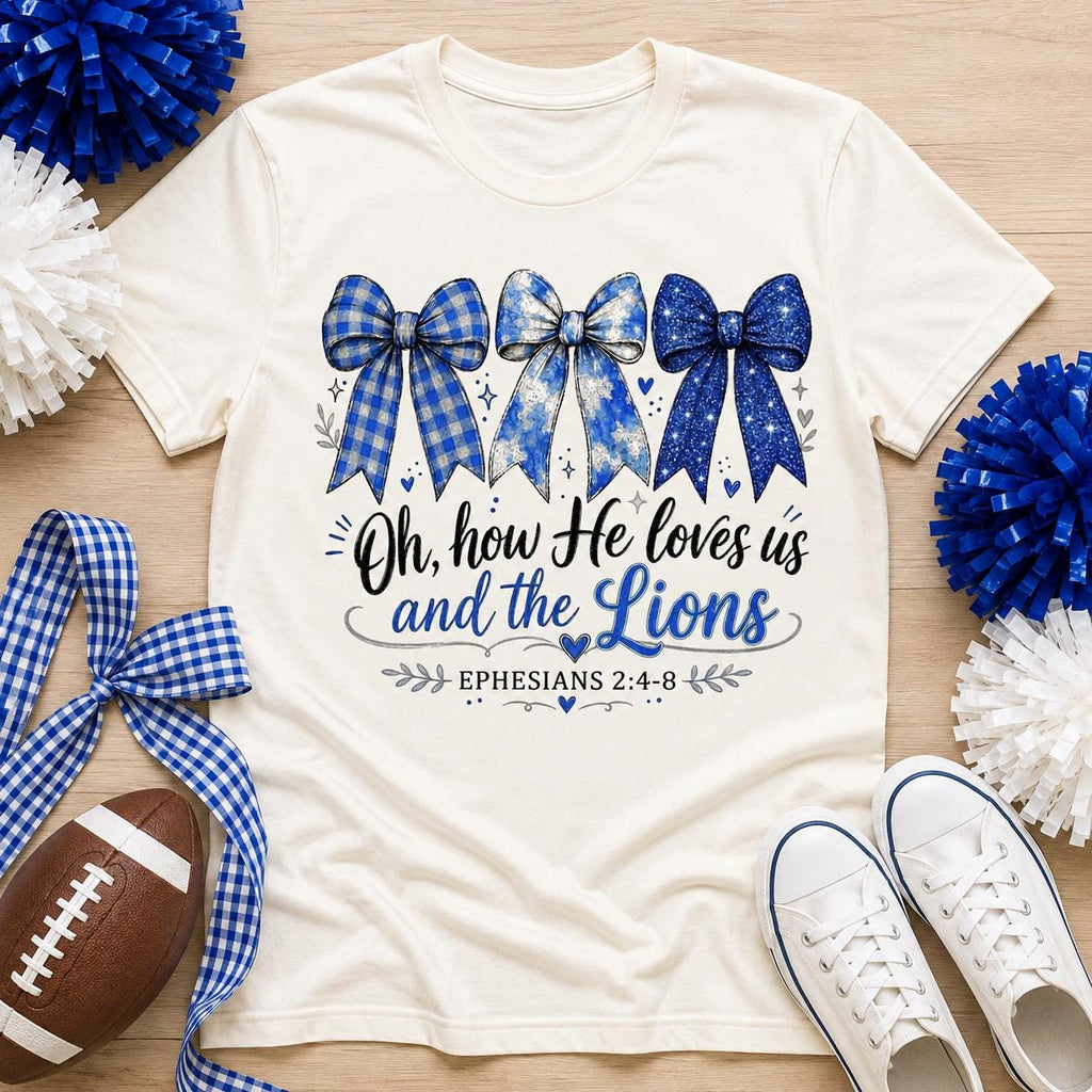 Lions Christian PNG, Oh How He Loves Us and the Lions, Blue Football Bow PNG, Christian Game Day Sublimation Design