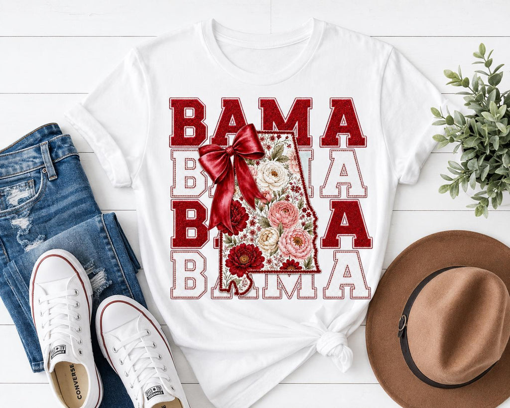 Bama Floral Shirt, Crimson Gold Bow, Southern Game Day Tee, Coquette Tailgate Crewneck