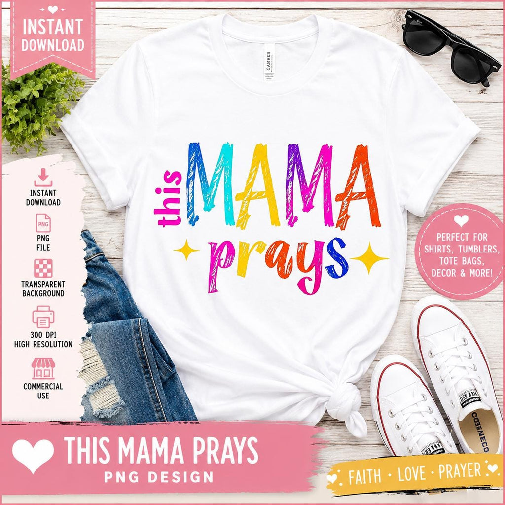 This Mama Prays PNG | Colorful Retro Christian Mom Sublimation Design (Digital Download)