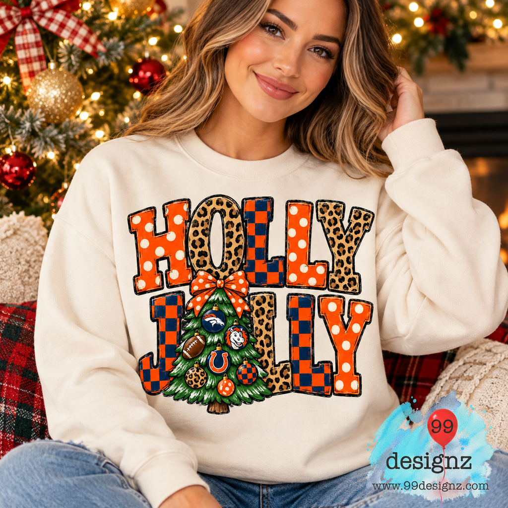 Holly Jolly Orange & Navy Football Christmas PNG Digital Download