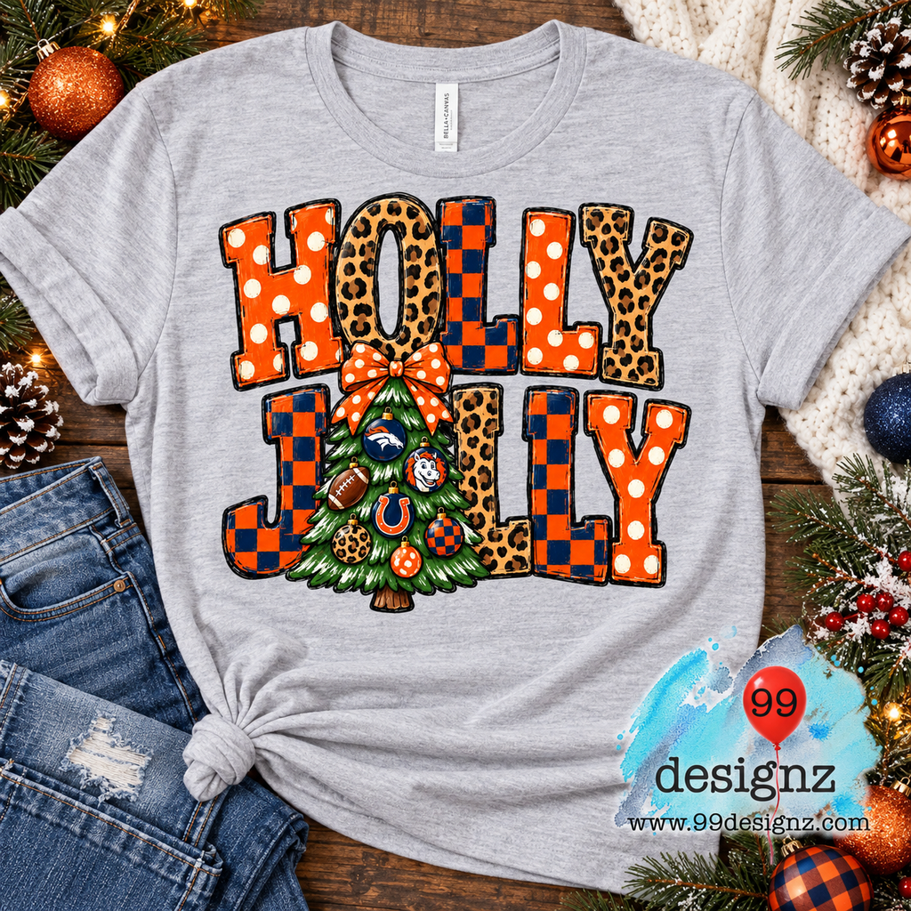Holly Jolly Orange & Navy Football Christmas PNG Digital Download