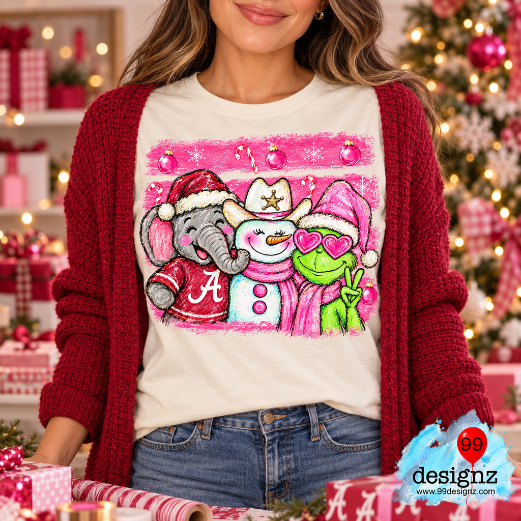 Alabama Elephant, Snowman & Grinch Christmas PNG – Pink Holiday Design