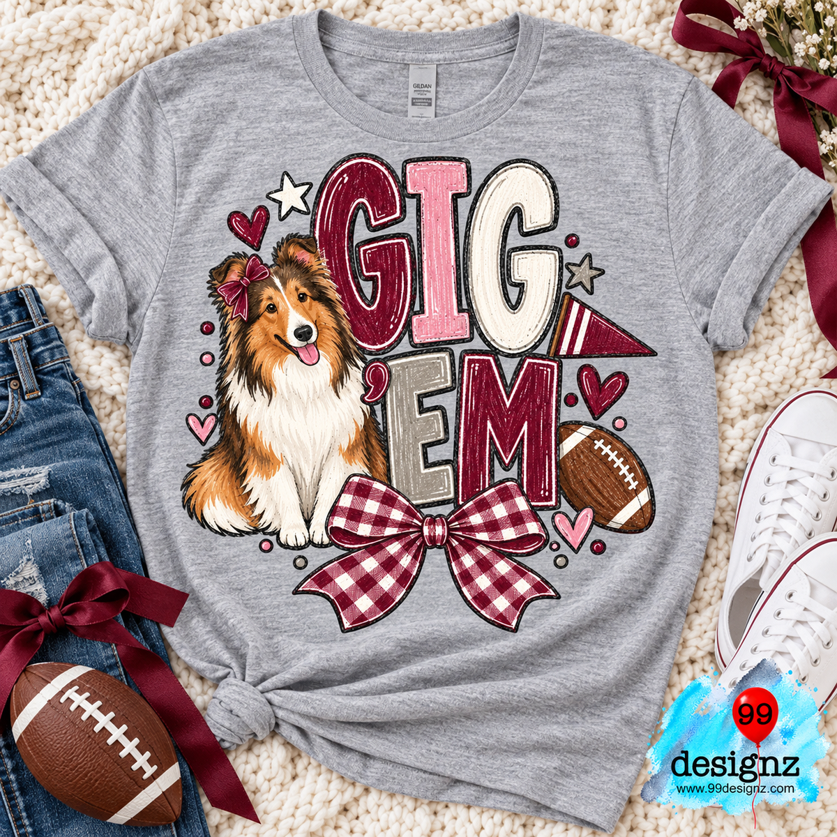 Gig ’Em PNG | Collie Maroon Gingham Bow Game Day Design