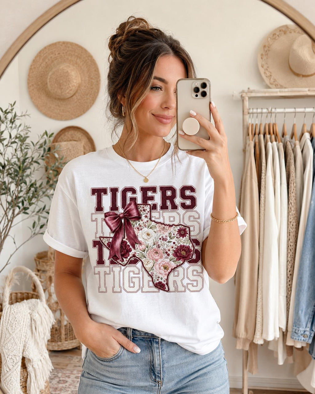 Floral Texas Tigers PNG, Maroon Game Day Bow Design (Digital Download)