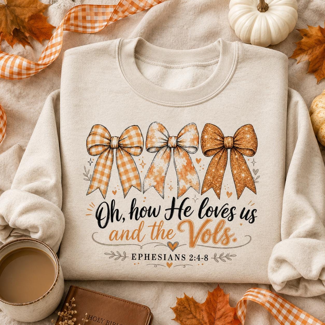 Christian Tennessee Football PNG, Oh How He Loves Us and the Vols, Orange Bow Game Day Design