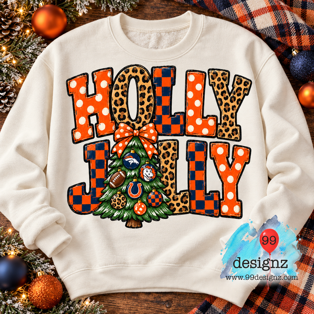 Holly Jolly Orange & Navy Football Christmas PNG Digital Download