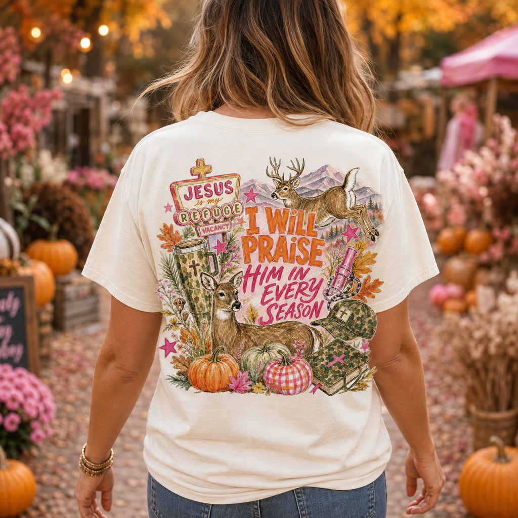 I Will Praise Him In Every Season PNG | Hunting Season Faith Deer Shirt Design | Front & Back Sublimation PNG