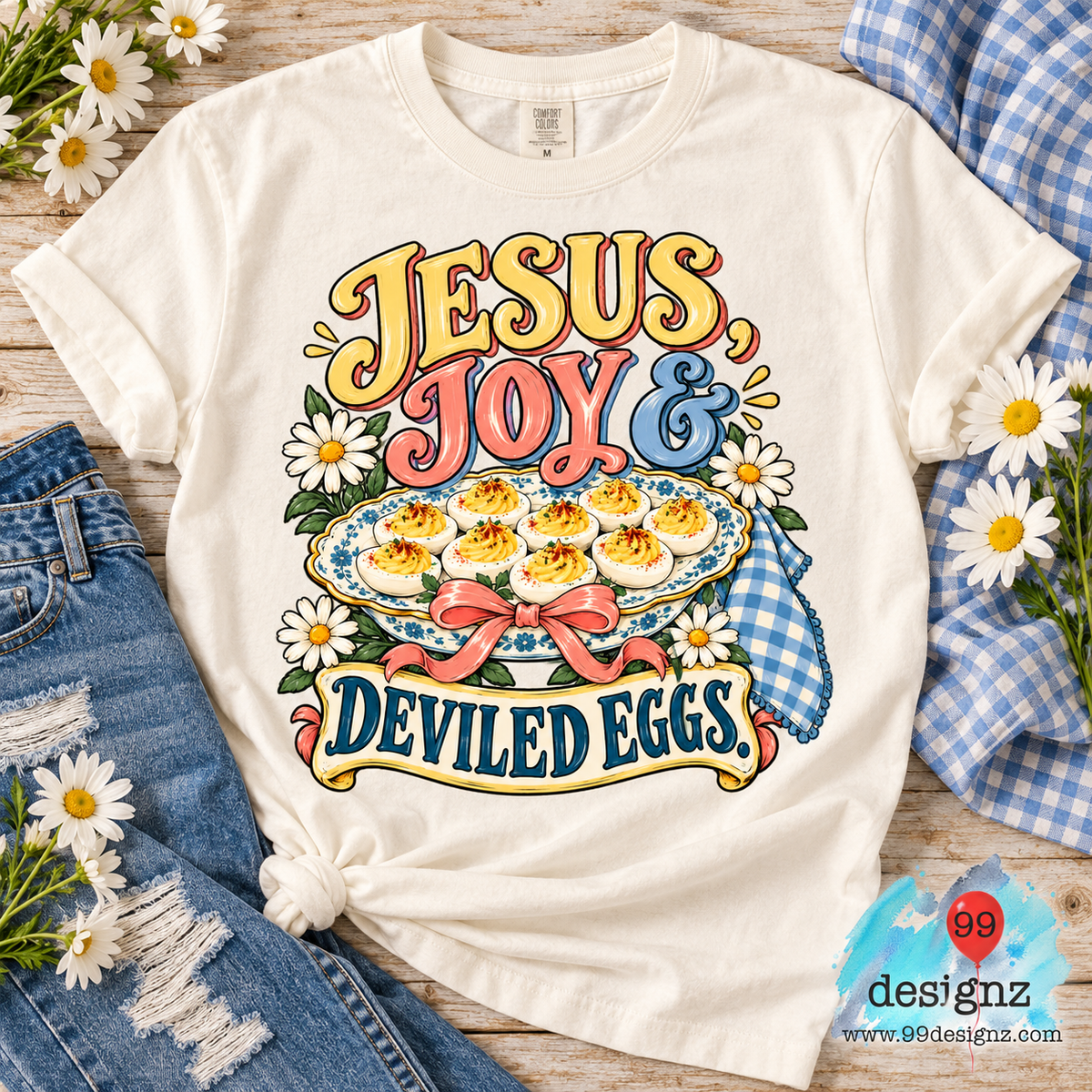 Jesus, Joy & Deviled Eggs PNG | Christian Daisy & Bow Design