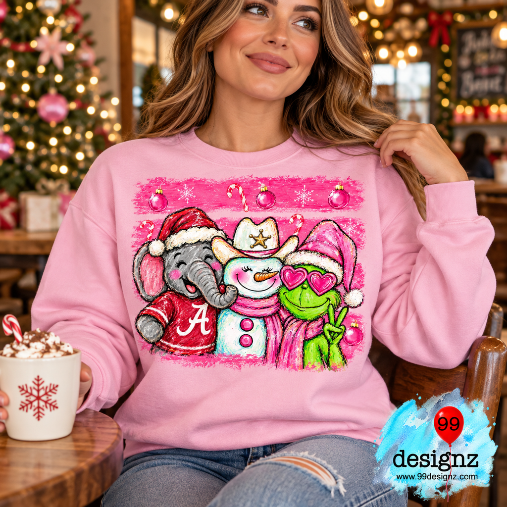 Alabama Elephant, Snowman & Grinch Christmas PNG – Pink Holiday Design