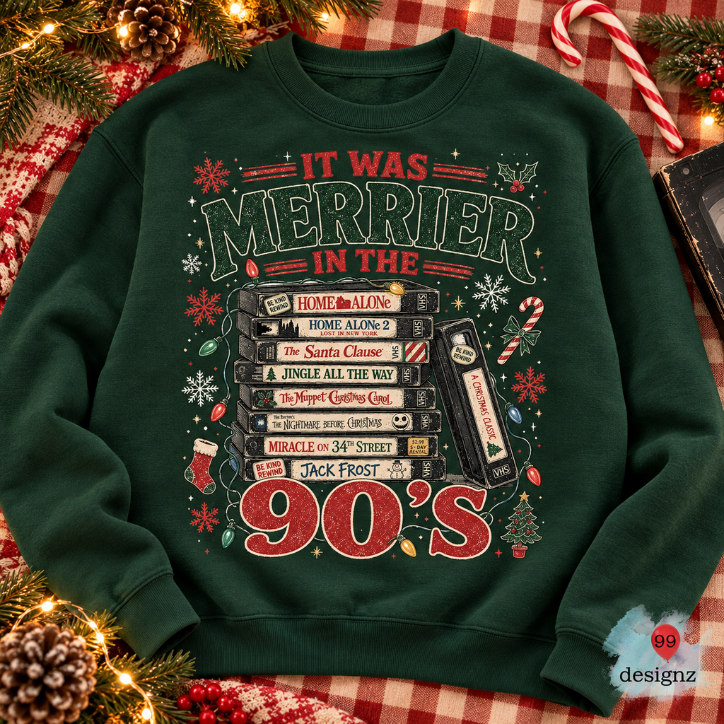 Merrier in the 90s Christmas PNG Digital Download | Retro Holiday Design