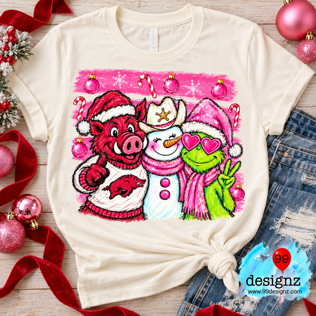 Arkansas Razorback, Snowman & Grinch Christmas PNG – Pink Holiday Design