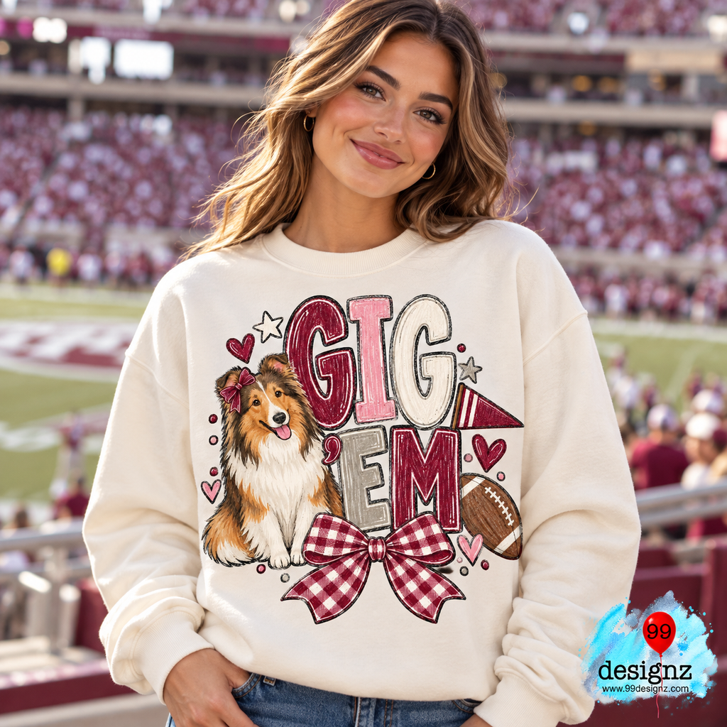 Gig ’Em PNG | Collie Maroon Gingham Bow Game Day Design