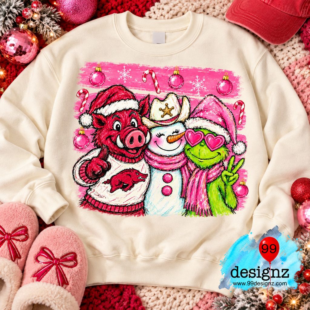 Arkansas Razorback, Snowman & Grinch Christmas PNG – Pink Holiday Design