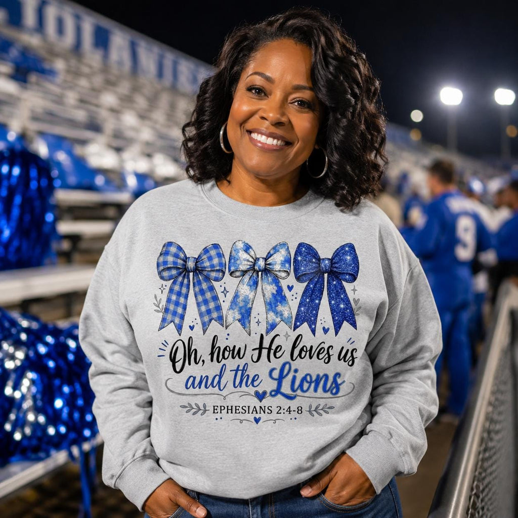 Lions Christian PNG, Oh How He Loves Us and the Lions, Blue Football Bow PNG, Christian Game Day Sublimation Design