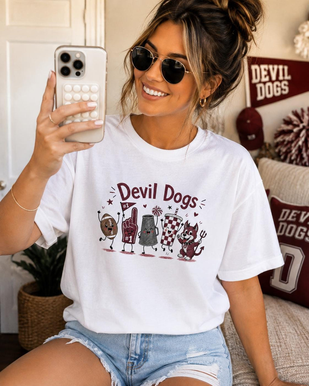 Devil Dogs Mascot Football Shirt, Maroon Game Day School Spirit Tee