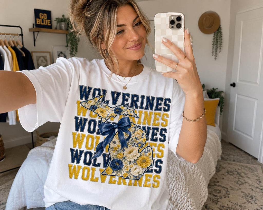 Wolverines Floral Michigan PNG, Navy Gold Game Day Shirt Design (Digital Download)