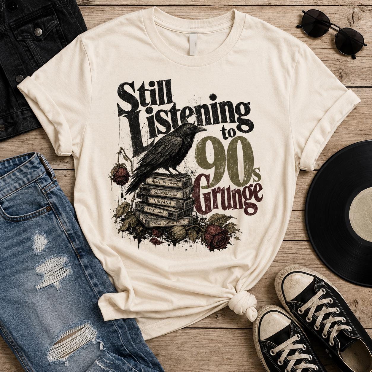 90s Grunge Graphic Tee, Alternative Rock Raven Art (Digital Download)