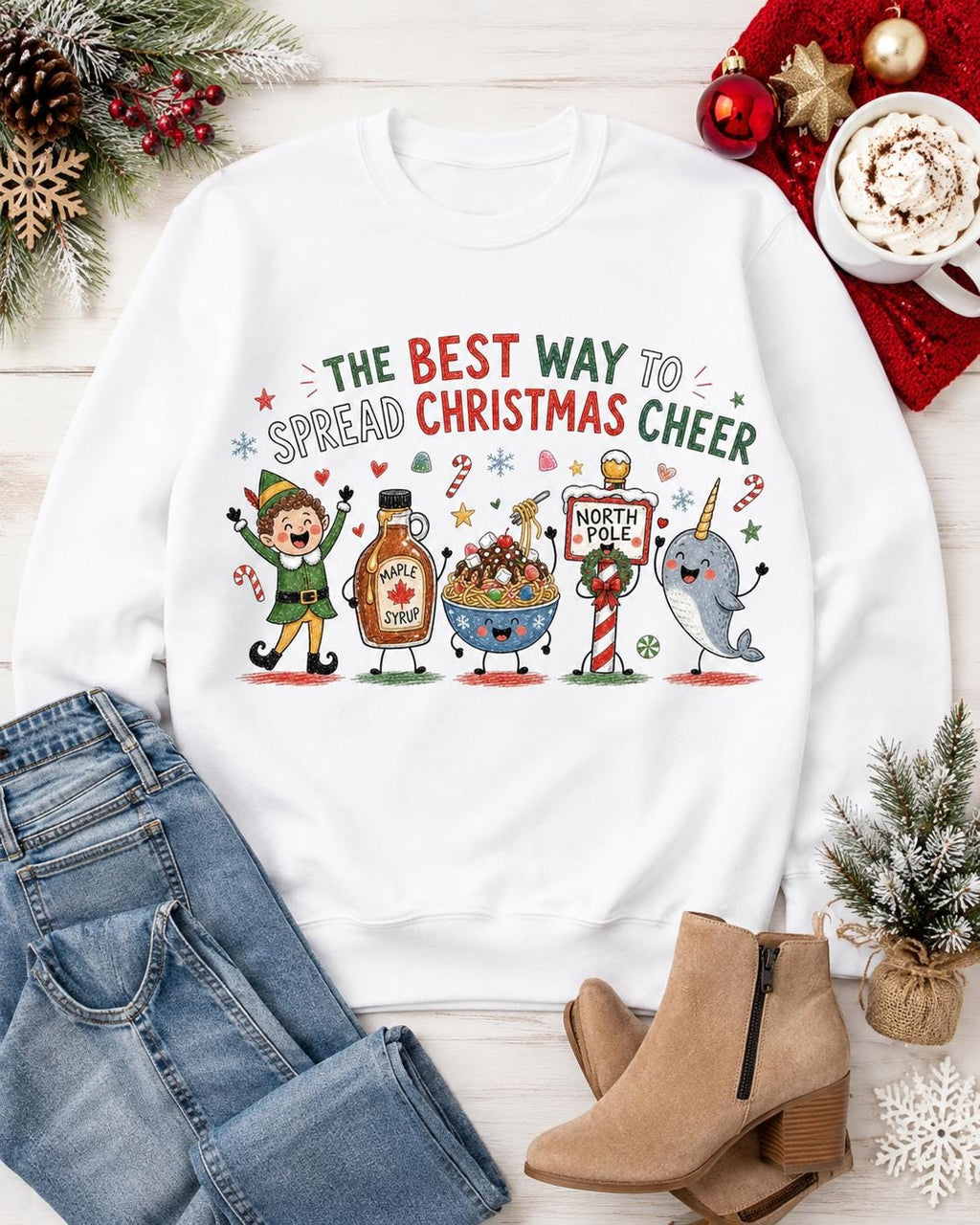 Funny Christmas Cheer PNG, Elf, Maple Syrup, Narwhal, Holiday Doodles (Digital Download)