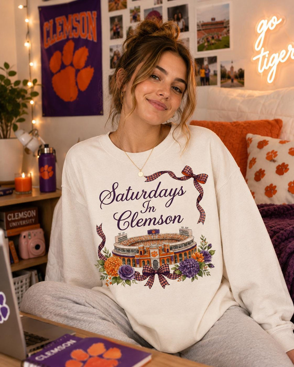 Clemson Stadium Watercolor Art PNG, Game Day Floral Design (Digital Download)