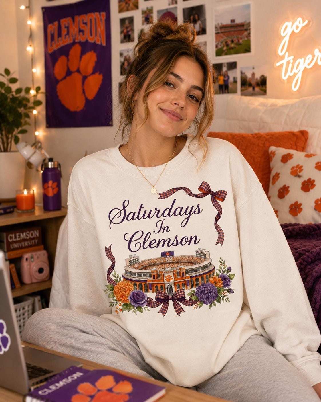 Clemson Stadium Watercolor Art PNG, Game Day Floral Design (Digital Download)