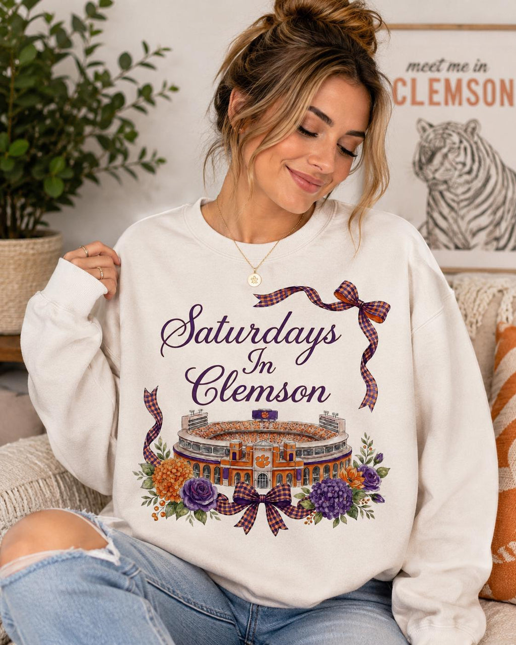 Clemson Stadium Watercolor Art PNG, Game Day Floral Design (Digital Download)