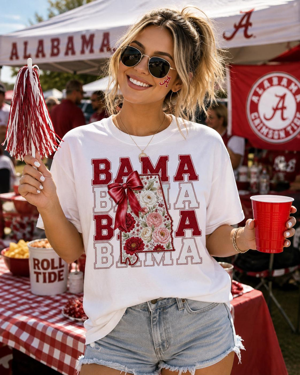 Bama Floral Shirt, Crimson Gold Bow, Southern Game Day Tee, Coquette Tailgate Crewneck