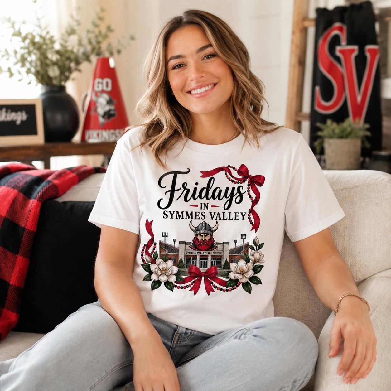 Symmes Valley Vikings Football Shirt Design, Friday Night Lights, Red Black Floral (Digital Download)