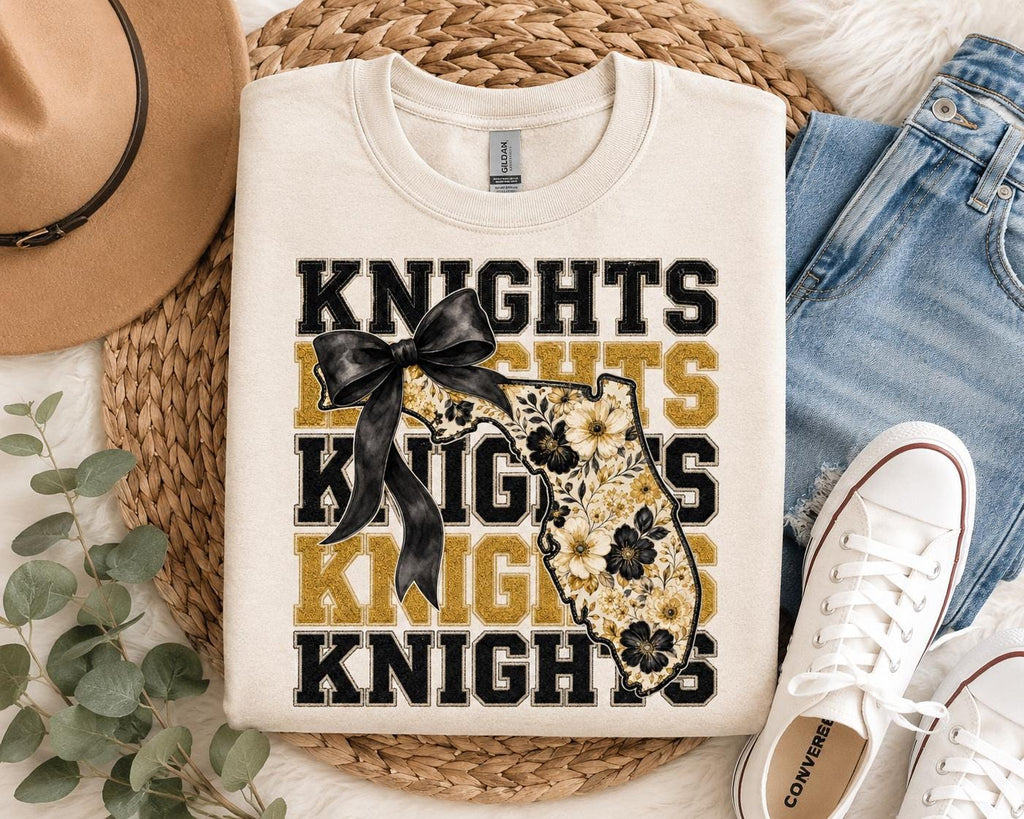 Knights Floral Florida PNG, Black Gold Game Day Sublimation (Digital Download)