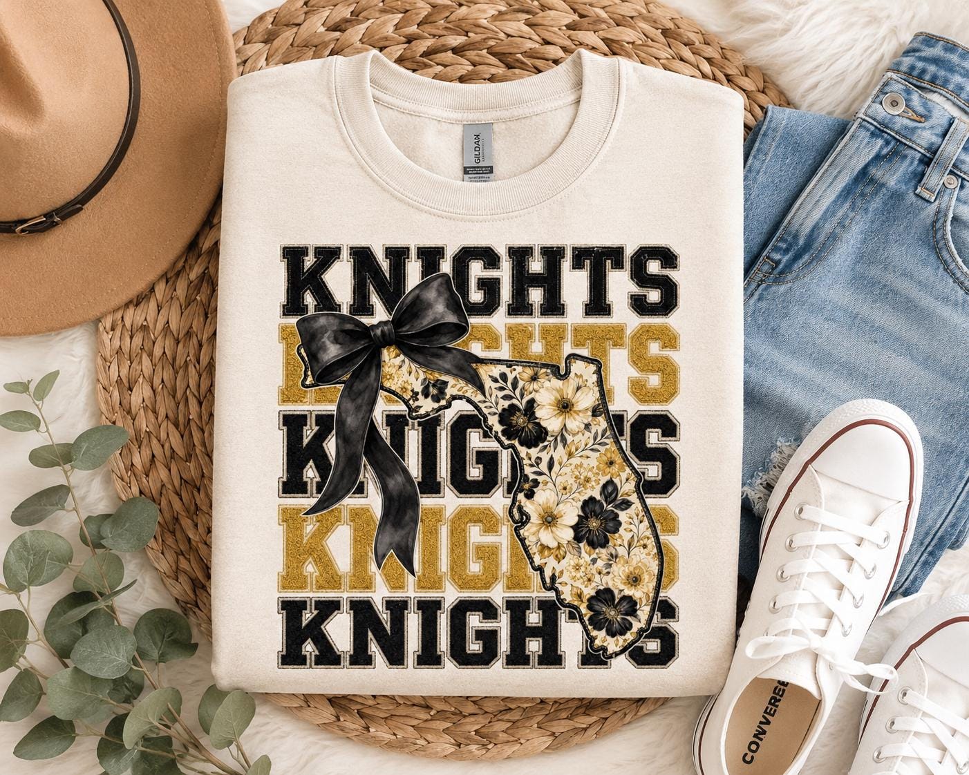 Knights Floral Florida PNG, Black Gold Game Day Sublimation (Digital Download)
